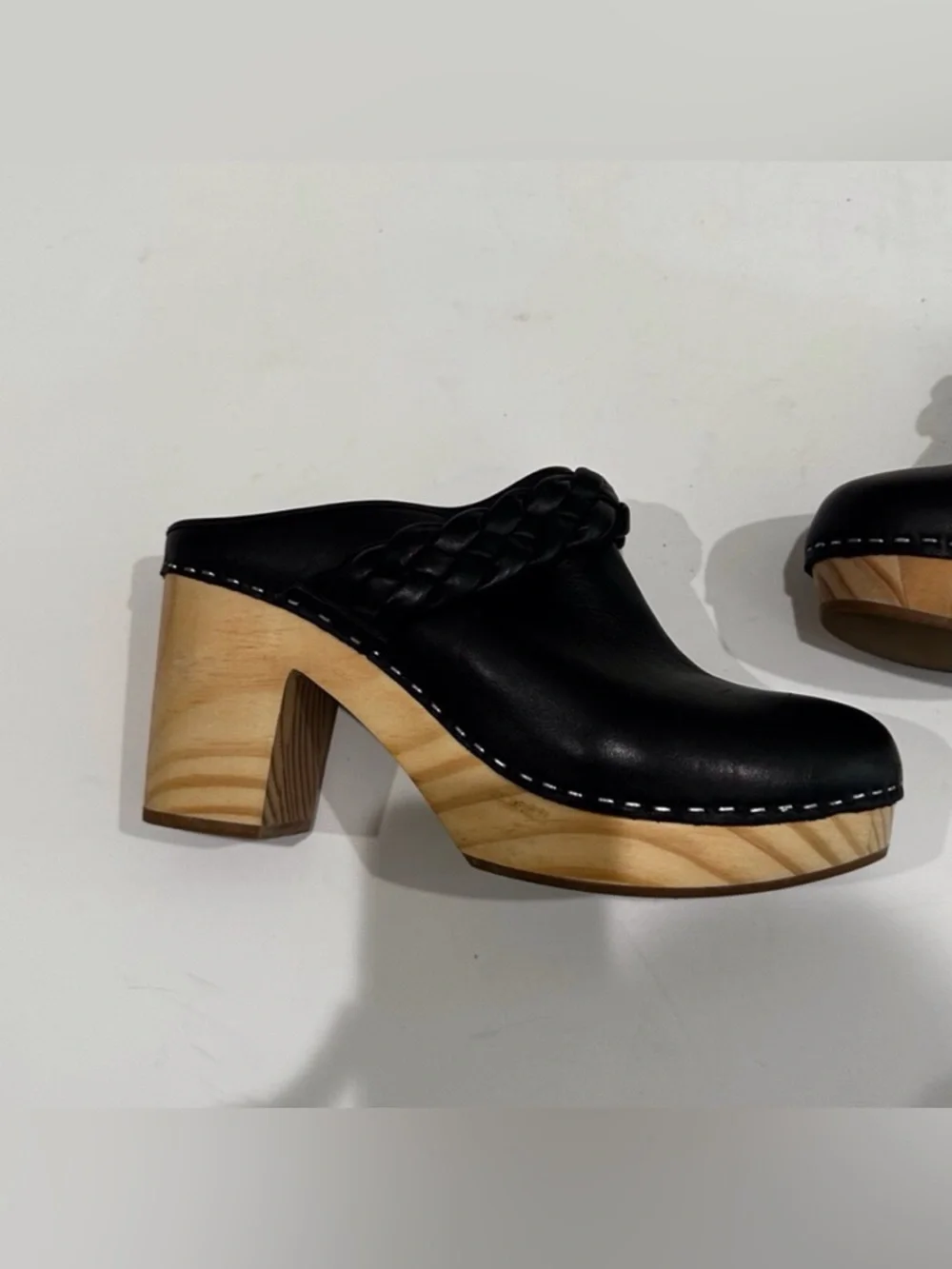 Dolce Vita Black Leather Braided Clog Mules with Wooden Platform Shoes NWOT - Picture 10 of 15